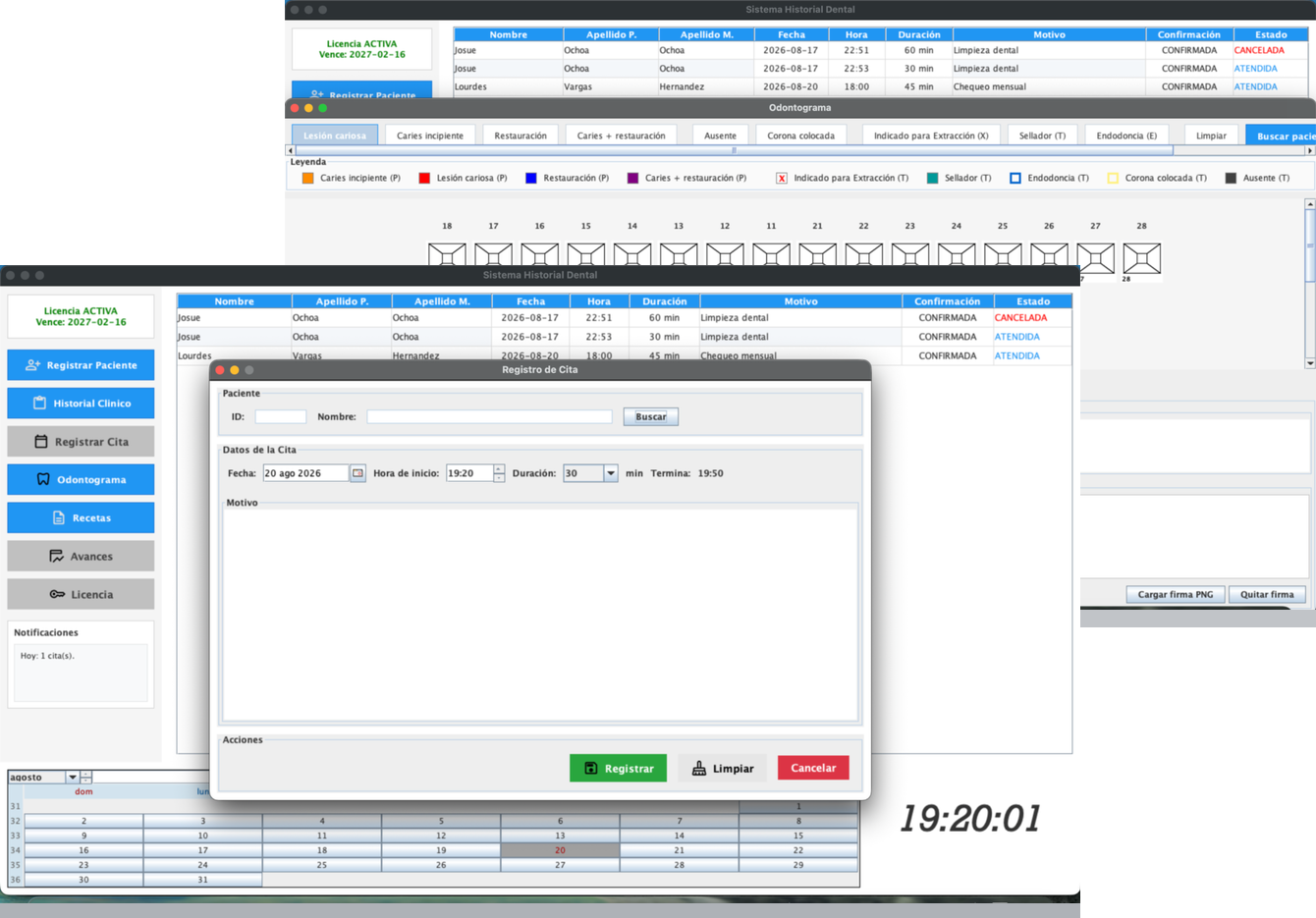 OWEB Dental mostrando el registro de citas y el odontograma